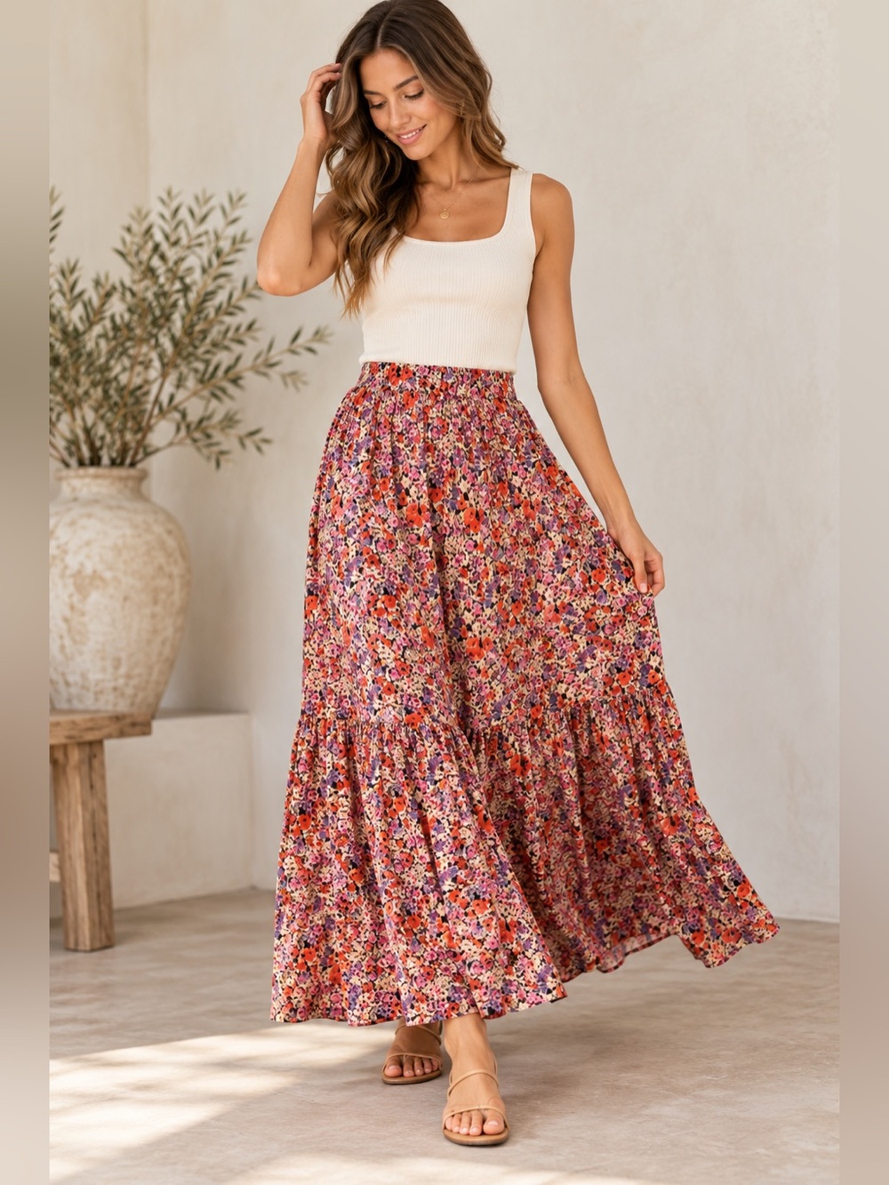 Saltwater Luxe Floral Tiered Maxi Skirt Multicolor Size S NWT